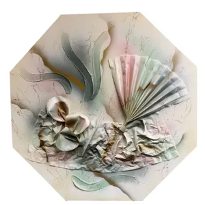 1980's Octagonal Mixed Media Composition with Fabric and Fan Elements