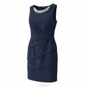 Connected Apparel Navy Sleeveless Dress with Tiered Skirt and Beaded Collar