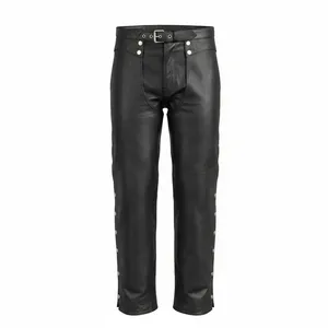 Black Leather Motorcycle Chaps with Snap Closures and Pocket