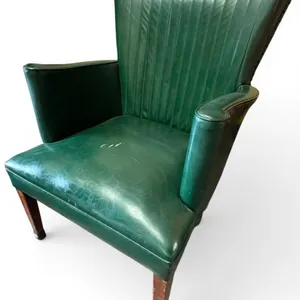 Vintage Green Leather Armchair with Channel Back and Wood Legs