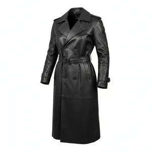 Adolfo  Leather Trench Coat with Belt and Double-Breasted Button Design