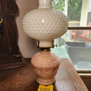 Antique Kaadan Ltd. Kerosene Lamp - Hobnail Milk Glass Shade & Pink Base