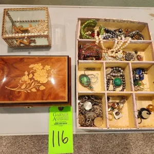 Vintage Inlaid Wood Musical Jewelry Box, Misc. Costume Jewelry, & Glass Jewelry Box