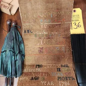 Antique Ladies Umbrella, Hand Fan, & Antique Needlework Sampler