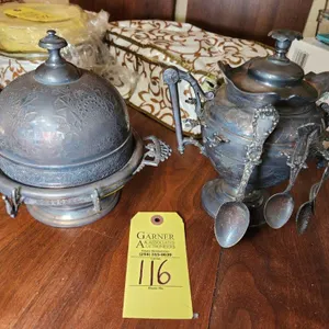 Simpson Hall Miller Co 1872 & Ward White Metal Sugar Bowl with Spoons