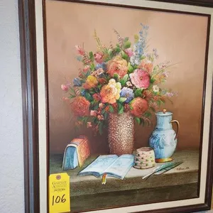 Painting Flowers & Books on Canvas C. Benolt
