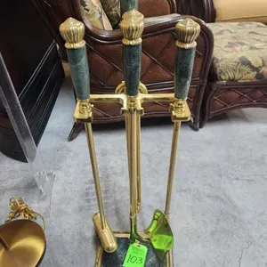Fireplace Tool Set w/ Brass Accents & Green Marble Handles
