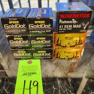 6 Speer Gold Dot 41 Mag. GDHP, 2 Fusion 41 Mag., 1 Winchester Platinum Tip 41 Re. Mag. PTHP