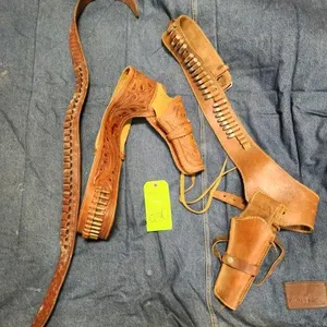 2 Leather Holsters & Leather Ammo Belt