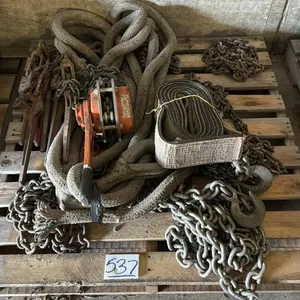 Pallet of Tow Ropes, Chain , Bear Traps, Load binders and 3 ton chain hoist