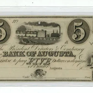 1800'S Bank of Augusta 5 Dollar Bill - Uncirculated.