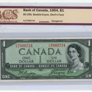 1954 Graded AU-50 "Devil Face" One Dollar Bill.
