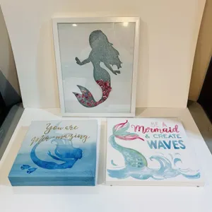 3 MERMAID WALL ART DECOR SET FRAMED & CANVAS