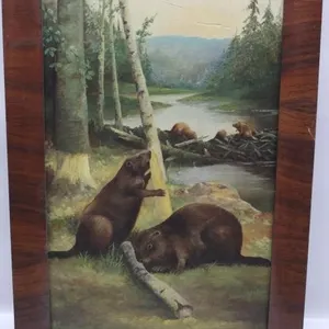 Eastwood Artist Antique Oil Painting Beaver Famil