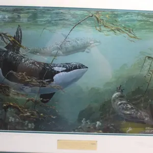 M Hobson Large Signed Print Orcas & Sea Lions
