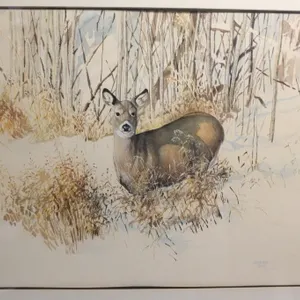 J Carson Original Watercolor Deer in Winter Snow