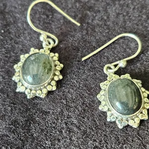Sterling Silver and Black Stone Oval Dangle Earrings