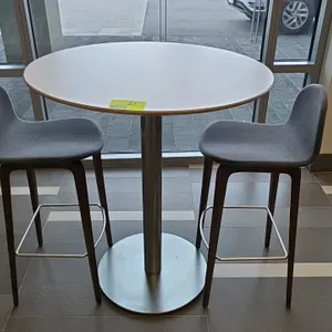 Set-36"x42" Metal base round table with 2 Hightower bar height cloth and wood base chairs