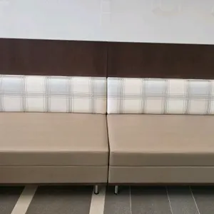 48"x42" Cumberland high-back leather love seat with plaid and wood back