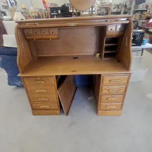 Oak Roll-Top Desk with Multiple Drawers and Interior Storage Compartments 52 x 29 x 23"