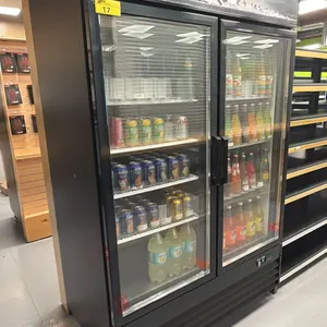 NEWTOP COMMERCIAL BOTTOM MOUNT GLASS DOOR BEVERAGE COOLER SML-GD54R-BLK-SW WITH ASSORTED CANNED