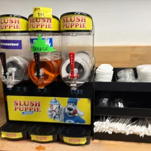 COMMERCIAL SLUSH PUPPIE ORIGINAL 3-BAY SLUSHY MACHINE & ORGANIZER WITH STRAWS, CUPS & LIDS CONTENTS