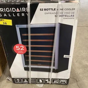 FRIGIDAIRE GALLERY MODEL FGWC5233TS. STAINLESS STEEL 52 BOTTLE WINE COOLER WITH NATRUAL WOOD TRIM