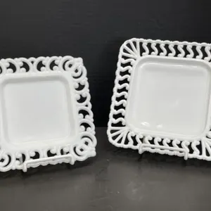 2 Vintage Reticulated Edge Milk Glass Square