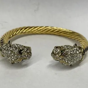 Cuff Bracelet - Gold Tone with Cat Head Ends