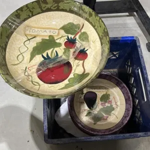 Plastic Milk Crate w/Assorted Bowls & Dish