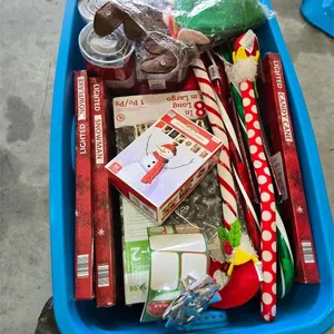 Large blue tote of Christmas decorations