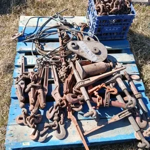 Pallet assorted Come alongs, chains, cable, snatch