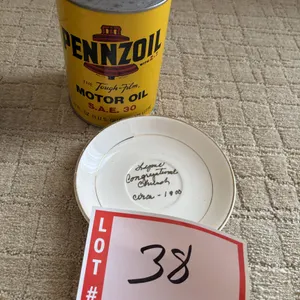 Pennzoil can bank and commemorative Lime Congregational church plate circa 1900