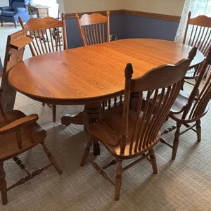 Oak table and six chairs, 89 x 44 x 29”