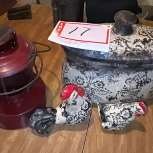 Dietz Little Wizard Railroad lantern and Antique canister with chickens