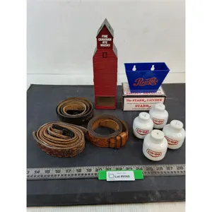 (3) Leather Belts (4) Co-op Shakers (1) Whiskey "Grain Elevator", Pepsi Cap Catcher