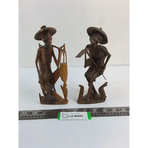 (2) Vintage Asian Themed Hand Carved Wooden Sculptures - 1 Missing Tool