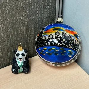 Vintage Hand Painted Glass Christmas Ornament Ball & Panda Bear Ornament Lot