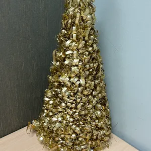 Large Gold Tinsel Cone Christmas Tree Holiday Tabletop Decoration