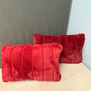 Set of 2 Red Faux Fur Decorative Throw Pillows Plush Accent Pillows