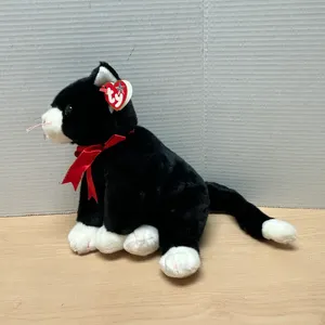 Ty Beanie Baby Zip Black & White Cat Plush w/ Tag Red Ribbon