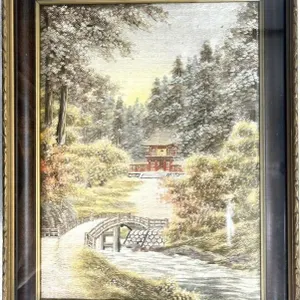 JAPANESE TEMPLE BY THE STREAM FINE SILK EMBROIDERY