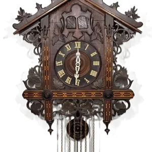 Carved and Inlaid Walnut Black Forest, Double Cuckoo Clock, German, c. 1900. Clock has a 3-weight time, strike and cuckoo brass movement complete with