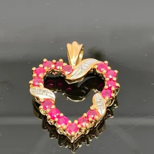 10KT Yellow Gold Heart Pendant With Rubies & Diamonds