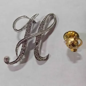 H Cursive Silvertone Brooch-missing stone