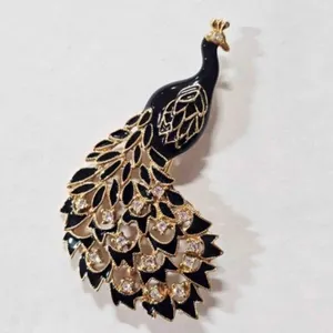 Peacock Brooch-rhinestones black enamel