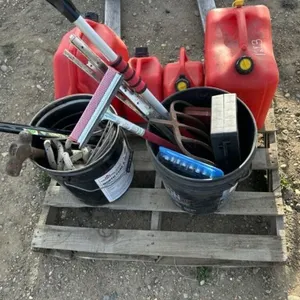 (4) JERRY CANS, PAIL W/ CABLE, HAMMER, ROPE,