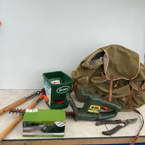 Backpack, hedge trimmer, handheld spreader, pruners, etc.
