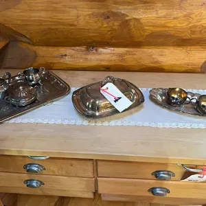 2 - SILVER CREAM AND SUGAR SETS w/ TRAY & SILVER SERVING DISH AND LID