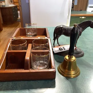 DECORATIVE HORSE, DUCKS UNLIMITED GLASSES IN A BOX & A BRASS BELL